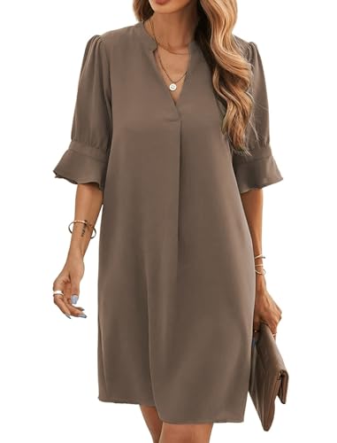 Famulily Damen Casual Minikleider Geraffte Halbe Ärmel V Hals Shift Kleid Sommer Arbeit Kleider Kaffee XL von Famulily