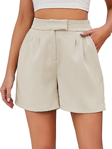 Famulily Damen Casual Plain High Waisted Breites Bein Plissee Shorts Hot Pants mit Taschen Beige L von Famulily