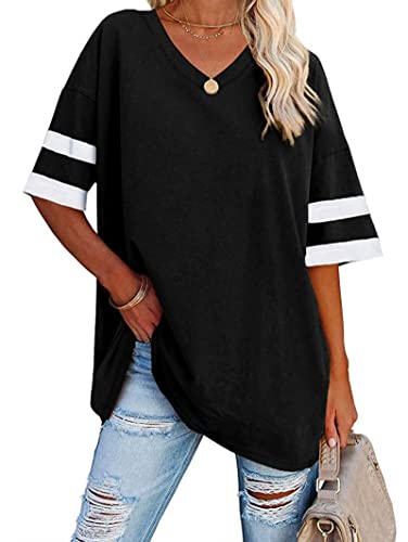 Famulily Damen Casual Rundhals Halbarm T-Shirt Damen Comfy Oversized Baseball T-Shirts Farbblock Tunika Tops, #2 Schwarz, XXL von Famulily