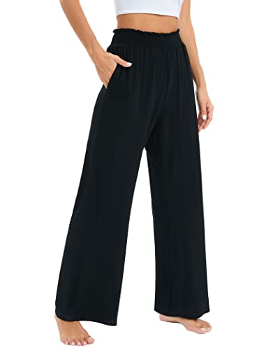 Famulily Damen Casual Stretch Pull On Wide Leg Hose Damen Elastische gesmokte Taille Lounge Hose mit Taschen, Schwarz , M von Famulily