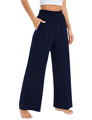 Famulily Damen Casual Stretch Pull On Wide Leg Hose Damen Elastische gesmokte Taille Lounge Hose mit Taschen, blau, XXL von Famulily