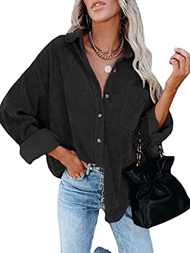 Famulily Damen Casual V Ausschnitt Cord Langarm Shirt Damen Vintage Knöpfe Down Bluse Outwear mit Brusttasche, Schwarz , X-Large von Famulily