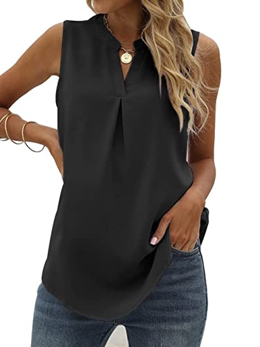 Famulily Damen Chiffon Tank Tops Plissee V Ausschnitt Ärmellos Sommer Shirts Bluse Lose Casual Weste Tops S-XXL, Schwarz , X-Large von Famulily