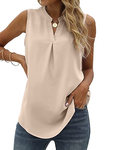 Famulily Damen Chiffon Tank Tops Plissee V-Ausschnitt Ärmellos Sommer Hemden Bluse Loose Casual Weste Tops S-XXL, beige, Small von Famulily