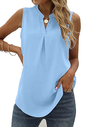 Famulily Damen Chiffon Tank Tops Plissee V Ausschnitt Ärmellos Sommer Shirts Bluse Lose Casual Weste Tops S-XXL, blau, Small von Famulily