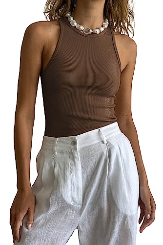 Famulily Damen Crop Top Rundhals Slim Fit Racerback Top Sport Braun L von Famulily