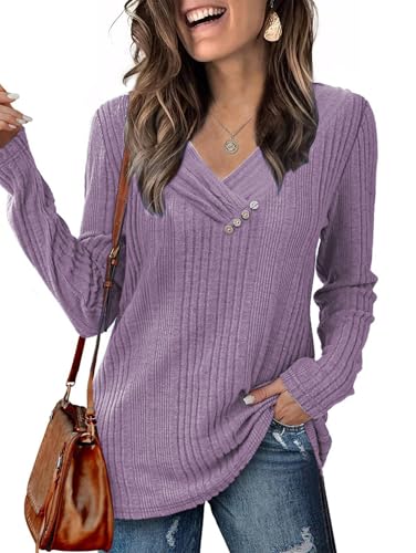 Famulily Damen Elegant Langarmshirt V-Ausschnitt Knopfleiste Softe Warme Sweater Locker Basic Tunika Tops Violett S von Famulily