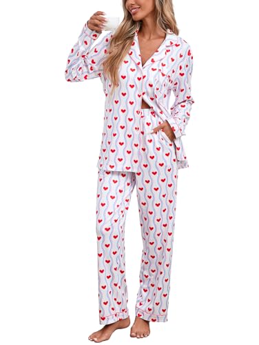 Famulily Damen Eleganter Langer Pyjama Set Comfy Wellenförmiger Streifen Herz Print Passendes Pj Set Knopf Schlafanzug mit Taschen Weiß S von Famulily