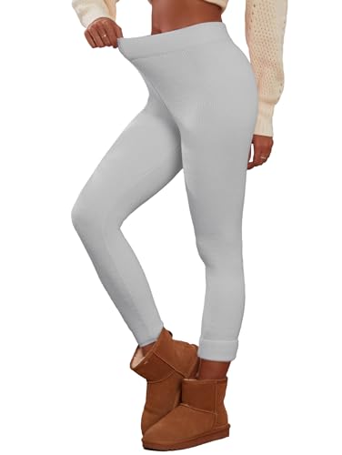 Famulily Damen Fleece gefüttert Winter Leggings Chunky gestrickt hohe Taille dehnbar Pullover Yoga Hose Grau M/L von Famulily