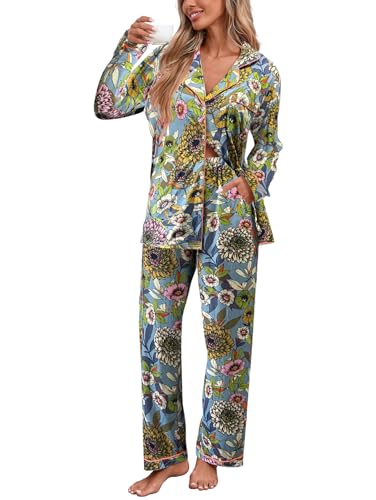 Famulily Damen Floral Pyjama Sets 2 Stück Hausanzug Sets Langarm Tops und Casual Pants Nachtwäsche Gelb S von Famulily
