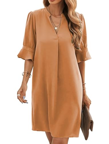 Famulily Damen Frühling Sommer Ruffle Kurzarm V-Ausschnitt Minikleid Casual Loose Swing Tunika Kleider Orange L von Famulily