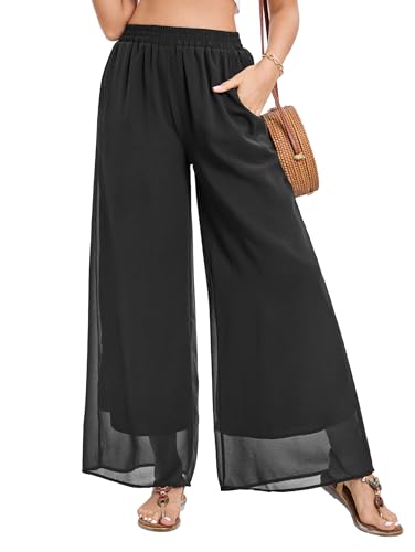 Famulily Damen Frühlings-Palazzo-Hose Doppellagige Chiffon-Hose Lässige Hose mit weitem Bein und Plissee Schwarz M von Famulily