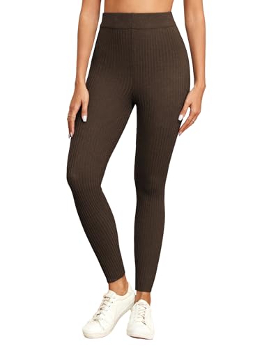 Famulily Damen Gerippte Strick Leggings High-Waisted Slim Warme Strumpfhose für Frauen Herbst Winter (M, Braun) von Famulily