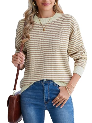Famulily Damen Gestreifte Rundhalspullover Pullover Tops Langarm Farbblock Loose Pullover Sweatshirt (M, Khaki) von Famulily
