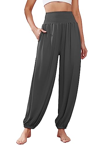 Famulily Damen-Haremshose Bequeme Yoga-Boho-Hose mit hoher Taille und 2 Seitentaschen Dunkelgrau M von Famulily