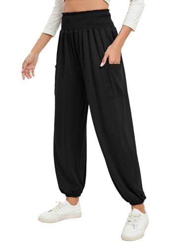 Famulily Damen Haremshose mit Taschen Lässige lockere Yogahose Feste Farbe Fließende Strandhose Schwarz M von Famulily