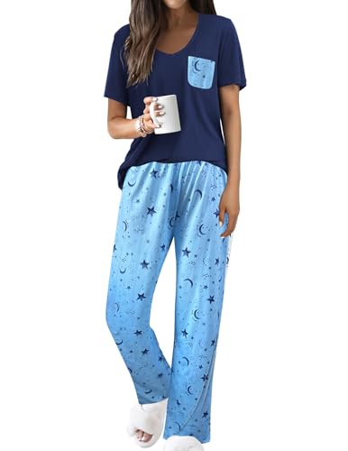 Famulily Damen Hausanzug Kuschelig V-Ausschnitt Nachtwäsche Top mit Taschen und Freizeithosen Pjs Gedruckte Lounge Sets Marine L von Famulily