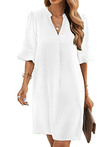 Famulily Damen Hemd Kleider Casual Party Kleider Sundress Midi Kleider Boho Kleid für Frauen Sommer Weiß L von Famulily