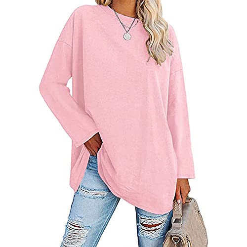 Famulily Damen Herbst Frühling Basic T Shirt Tops Frauen Rundhals Langarm Oversized Tops (S, Rosa) von Famulily