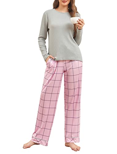 Famulily Damen Herbst Pyjamas warme Pyjama Sets lockere Passform Nachtwäsche Strickoberteile und Karo Hosen mit weitem Bein, Grau XL von Famulily