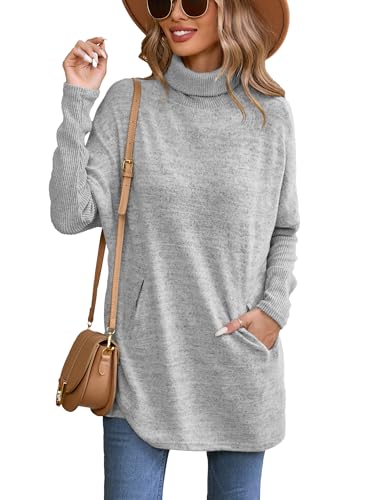 Famulily Damen High Neck Winter Warme Pullover, Langarm Einfarbige Tunika Pullover Tops (M, Grau) von Famulily