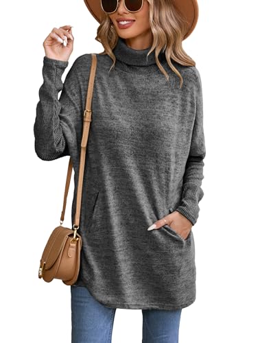 Famulily Damen High Neck Winter Warme Pullover, Langarm Einfarbige Tunika Pullover Tops (XL, Dunkelgrau) von Famulily