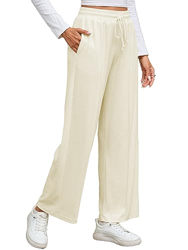 Famulily Damen High Taille Wide Leg Hosen, Kordelzug Casual Loose Hosen mit Taschen (S, Beige) von Famulily