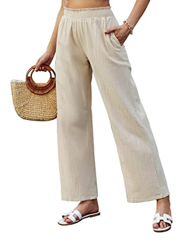 Famulily Damen-Hose aus Baumwoll-Leinen, elastischer Bund, Sommer, Strand, weites Bein mit Taschen, beige, XL von Famulily