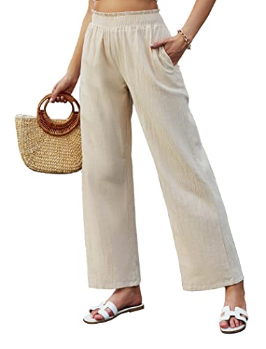 Famulily Damen-Hose aus Baumwolle und Leinen, elastischer Bund, Sommer, Strand, weites Bein, mit Taschen, beige, XXL von Famulily