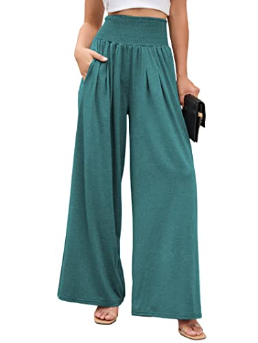 Famulily Damen Hose mit weitem Bein, elastisch, hohe Taille, Baumwolle, Yogahose mit Taschen, Loungewear für alle Jahreszeiten, S-XXL, seeblau, L von Famulily