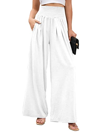 Famulily Damen Hose mit weitem Bein, elastisch, hohe Taille, Baumwolle, Yogahose mit Taschen, Loungewear für alle Jahreszeiten, S-XXL, weiß, L von Famulily