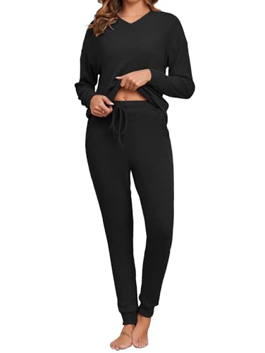 Famulily Damen Jogginganzug Set Zweiteiler Freizeitanzug Hausanzug Herbst Outfit Trainingsanzug, 2 Teiler Loungewear Jogginghose und Oberteil (S,Schwarz) von Famulily