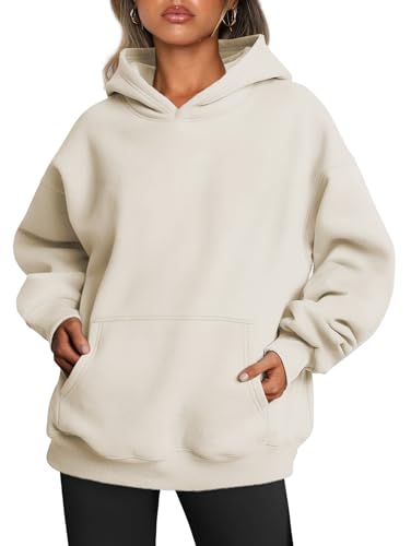 Famulily Damen Kapuzenpullover Casual Winter Warm Fleece Pullover mit Kapuze Sweatshirt Langarm Pullover mit Taschen Beige M von Famulily