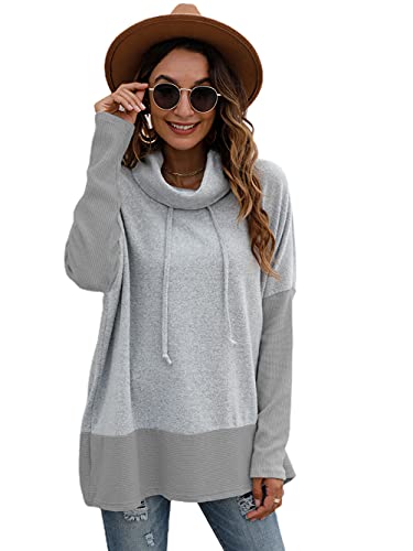 Famulily Langärmeliger Kapuzenpullover für Damen, Wasserfallkragen, Farbblock, Übergröße, Sweatshirt mit Kordelzug, Größe S-XL, grau, Small-Medium von Famulily