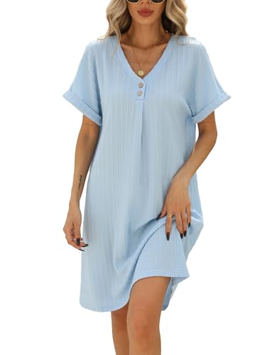 Famulily Damen Kleid Lässig Sommerkleid Hochgekrempelte Ärme Strandkleid Lose Midikleid mit Knöpfen Himmelblau S von Famulily