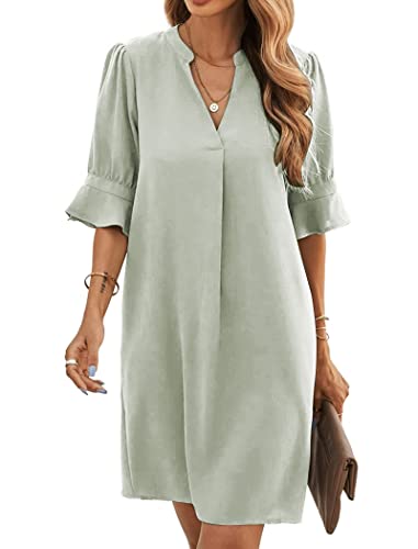Famulily Damen Kleid V-Ausschnitt ausgestellte Ärmel Loose Fit Kleid Swing Mini Kleid Shift Kleider Grün M von Famulily