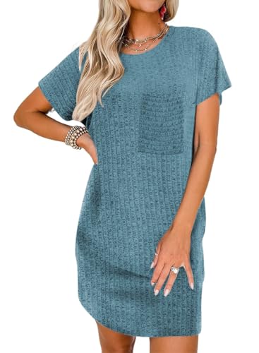 Famulily Damen Kleider Elegante Sommer Casual Kleid Lose Batwing Ärmel Rundhalsausschnitt Mini Einfach Rippstrick Kleider Dunkelgrün L von Famulily