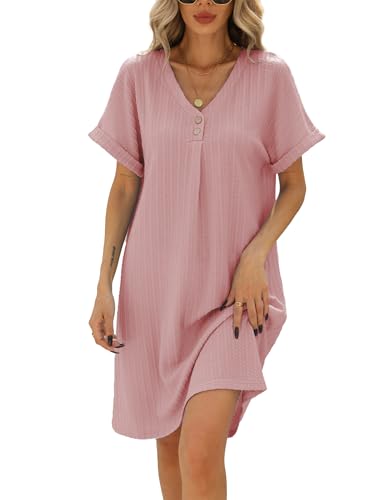 Famulily Damen Kleider Freizeit Lose Sommerkleid V-Ausschnitt Midikleid Kurzarm A-Linie Kleider mit Knöpfen Rosa S von Famulily