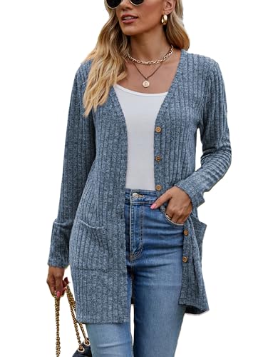 Famulily Damen Langarm Cardigan Herbst Winter Button Down Cardigans Sweater (M, Blau) von Famulily