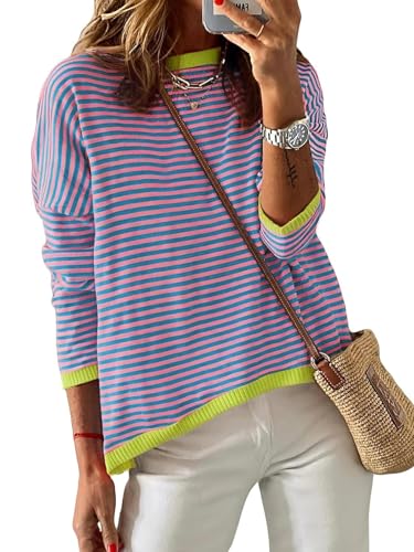 Famulily Damen Langarm Gestreifte Pullover Farbblock Loose Fitted Rundhals Pullover Tops (S, Rosa) von Famulily