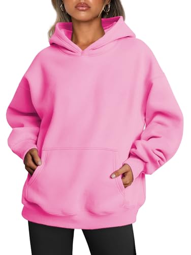 Famulily Damen Langarm Kapuzenpullover in Übergröße Trendy Solid Color Rundhalsausschnitt Vintage Pullover Sweatshirts Hot Pink L von Famulily