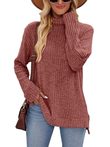 Famulily Damen Langarm Lose Casual Pullover, Oversized Side Splits Turtleneck Tunika Pullover für Leggings (S, Rot) von Famulily
