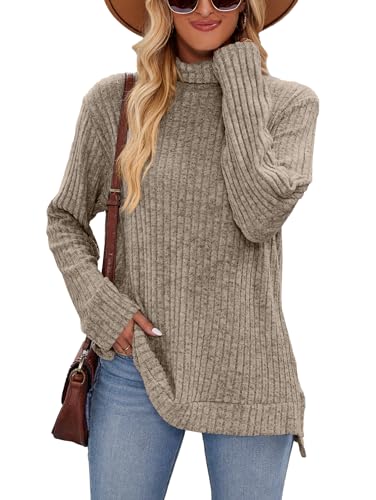 Famulily Damen Langarm Turtleneck Herbst Winter Pullover Pullover, Damen Seite Split Tunika Tops Plus Size (M, Kaffee) von Famulily