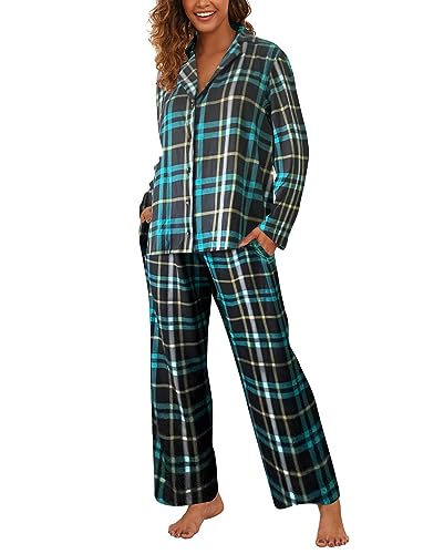 Famulily Damen Langarm V-Ausschnitt Bluse Top und Plaid Bottoms Lounge Pyjama Set Nachtwäsche Grün L von Famulily