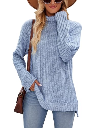 Famulily Damen Longline Pullover High Neck Langarm Seite Split Ribbed Winter Kleidung Pullover Tops (L, Blau) von Famulily