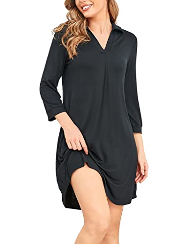 Famulily Damen Nachthemd Baumwolle Nachtkleid mit Revers Trim V-Ausschnitt Nachtwäsche Lässige 3/4 Ärmel Sleepwear,Schwarz,L von Famulily