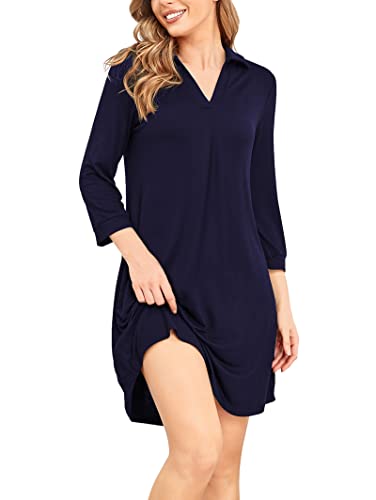 Famulily Damen Nachtwäsche Baumwolle Kurz Negligee Kurze Ärmel Sleepshirt Revers V-Ausschnitt Sleepwear Bequeme Freizeitkleid,Blau,M von Famulily