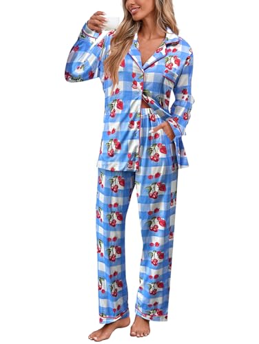 Famulily Damen Niedlich Langarm-Pyjamas Set Kariert Bedruckt 2 Stück Lounge Sets Button Down Shirts Weite Bein Hosen Pjs Schlafanzüge Blau S von Famulily