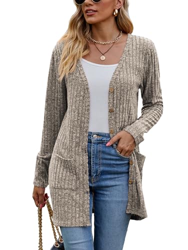 Famulily Damen Open Front Lange Strickjacken mit Taschen für Frauen Cosy Lose Open Front Pullover Mantel (L, Khaki) von Famulily