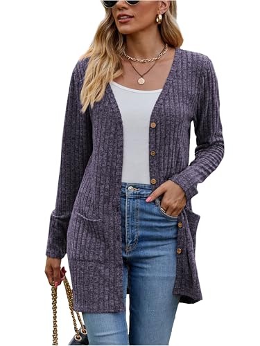 Famulily Damen Open Front Lange Strickjacken mit Taschen für Frauen Cosy Lose Open Front Pullover Mantel (XL, Lila) von Famulily